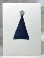 Abstract Denim and Silver Star Christmas Tree - Handmade Christmas Card