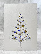 Retro Blue and Gold Christmas Tree - Hand Painted Christmas Card