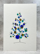 Retro Blue, Green and Gold Christmas Tree - Hand Painted Christmas Card