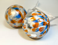 Set of 2 Hand Painted Christmas Baubles - Silver, White, Orange and Blue