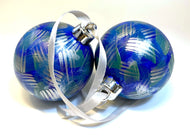 Set of 2 Hand Painted Christmas Baubles - Blue, Turquoise, Teal and Silver