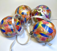 Set 4 Hand Painted Christmas Baubles - Yellow, Orange, Pink, Blue, White and Silver