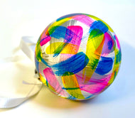 Hand Painted Christmas Bauble - White, Neon Pink, Blue, Yellow and Silver