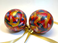 Set of 2 (Pair) Hand Painted Christmas Baubles - Gold, Red, Green, Blue, Orange & Pink