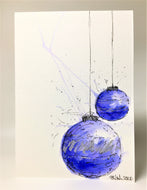 Original Hand Painted Christmas Card - Bauble Collection - 2 Purple and Silver Splatter Baubles - eDgE dEsiGn London