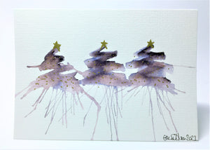 Three Black Splatter Trees with Gold Star - Hand Painted Christmas Card