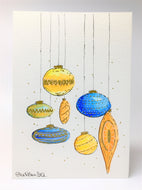 Abstract Oval Orange, Blue and Gold Baubles - Hand Painted Christmas Card