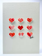 Original Hand Painted Valentine's Day Card - 9 Pink, Red and White Hearts - Love