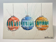 Three Large Multicolour Baubles - Hand Painted Christmas Card