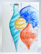 Vintage Multicolour Baubles w/White and Silver - Hand Painted Christmas Card