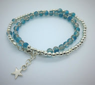 Beaded bracelet - double wrap - silver with turquoise/brown crackle glass beads - eDgE dEsiGn London