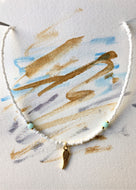 Beaded choker necklace - white, gold, pale Jade beads and Angel Wing pendant - eDgE dEsiGn London