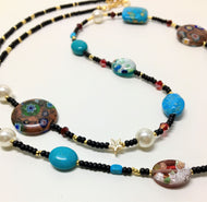 Gemstone beaded necklace - black, gold turquoise, venetian glass