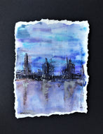 City Skyline at Night - Framed Original Watercolour Painting