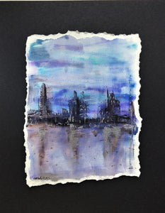 City Skyline at Night - Framed Original Watercolour Painting