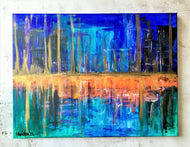 Abstract Riverside Cityscape at Night - Acrylic on canvas