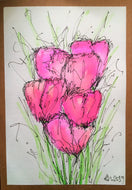 Handpainted Watercolour Greeting Card - Abstract Pink/Lilac Flowers with Green Design - eDgE dEsiGn London