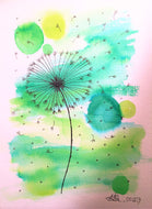 Handpainted Watercolour Greeting Card - Abstract Green with Dandelions - eDgE dEsiGn London