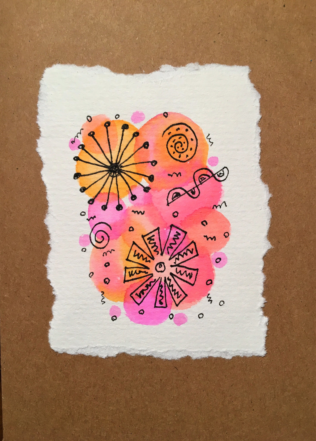 Handpainted Watercolour Greeting Card - Abstract Ink Design Pink/Orange Circles - eDgE dEsiGn London