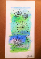 Handpainted Watercolour Greeting Card - Abstract Ink Star/Circle Design - Blue/Green - eDgE dEsiGn London