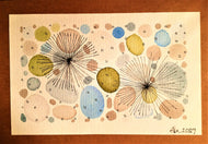 Handpainted Watercolour Greeting Card - Abstract Ink Star/Circle Design - Blue/Green/Grey - eDgE dEsiGn London