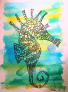 Handpainted Watercolour Greeting Card - Yellow/Green/Blue Seahorse Design - eDgE dEsiGn London