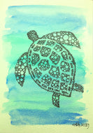 Handpainted Watercolour Greeting Card - Blue/Green with abstract circle Turtle design - eDgE dEsiGn London