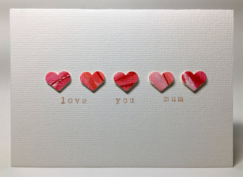 Original Hand Painted Mother's Day Card - 5 Red and Pink Hearts - eDgE dEsiGn London