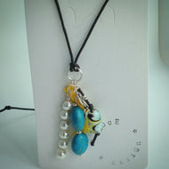 Turquoise/Yellow/Pearl Pendant on necklace - eDgE dEsiGn London