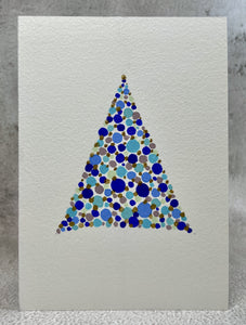 Abstract Blue, Teal, Turquoise and Gold Circles Christmas Tree - Handmade Christmas Card