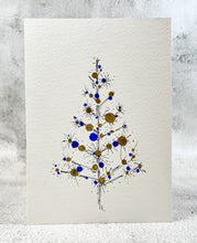 Retro Blue and Gold Christmas Tree - Hand Painted Christmas Card