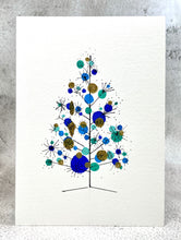 Retro Blue, Green and Gold Christmas Tree - Hand Painted Christmas Card
