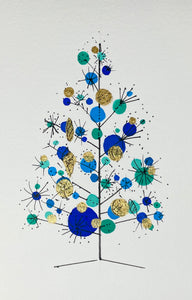 Retro Blue, Green and Gold Christmas Tree - Hand Painted Christmas Card