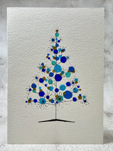 Retro Teal, Blue, Turquoise and Gold Christmas Tree - Hand Painted Christmas Card
