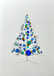 Retro Turquoise, Teal, Blue and Gold Christmas Tree - Hand Painted Christmas Card