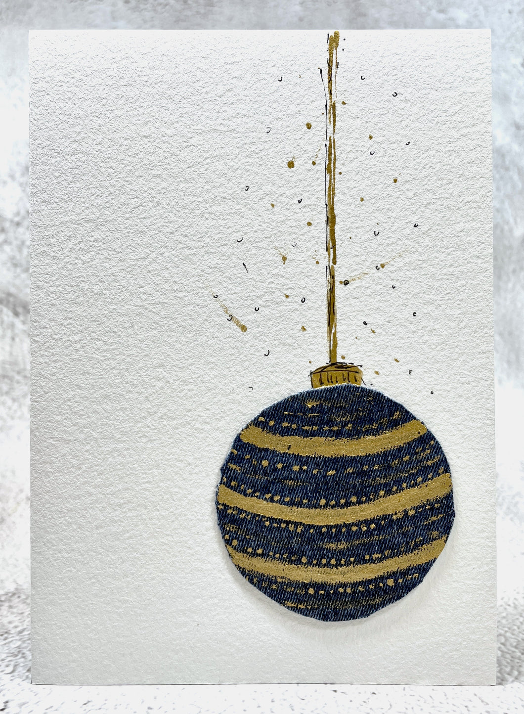 Abstract Denim and Gold Stripe Bauble - Handmade Christmas Card
