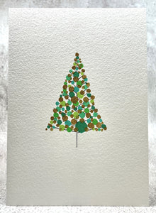 Abstract Green and Gold Circles Christmas Tree - Hand Painted Christmas Card