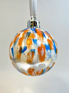 Set of 2 Hand Painted Christmas Baubles - Silver, White, Orange and Blue