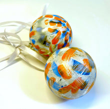 Set of 2 Hand Painted Christmas Baubles - Silver, White, Orange and Blue