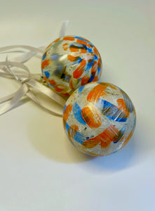 Set of 2 Hand Painted Christmas Baubles - Silver, White, Orange and Blue