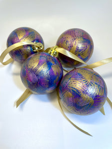 Set of 4 Hand Painted Christmas Baubles - Purple, Blue, Lilac and Gold