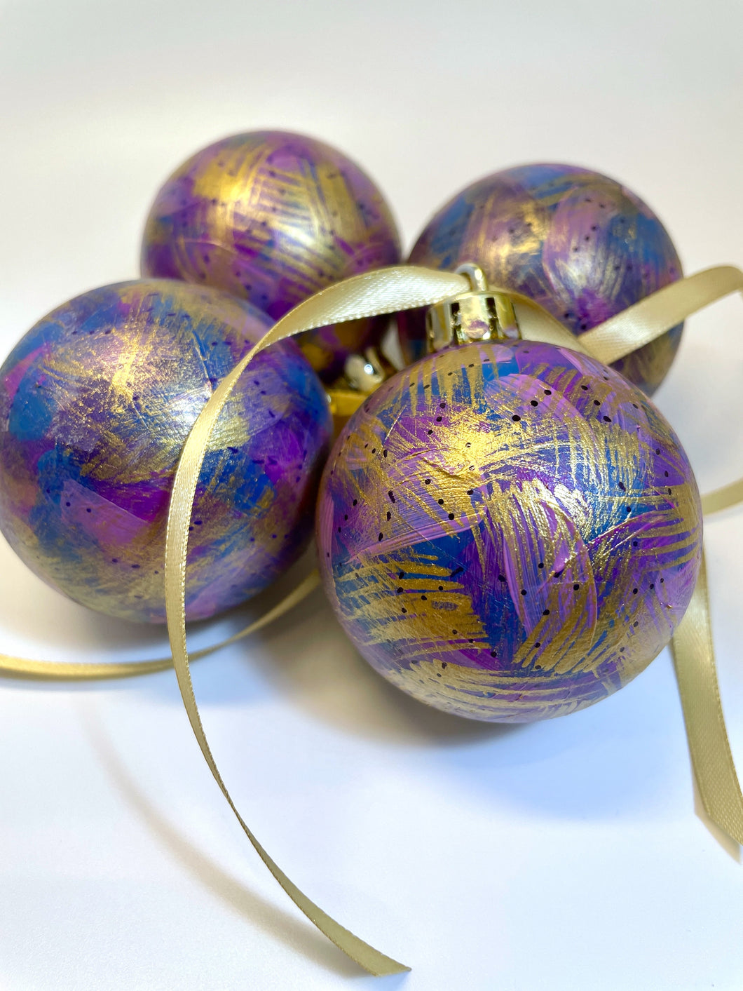 Set of 4 Hand Painted Christmas Baubles - Purple, Blue, Lilac and Gold