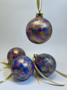 Set of 4 Hand Painted Christmas Baubles - Purple, Blue, Lilac and Gold