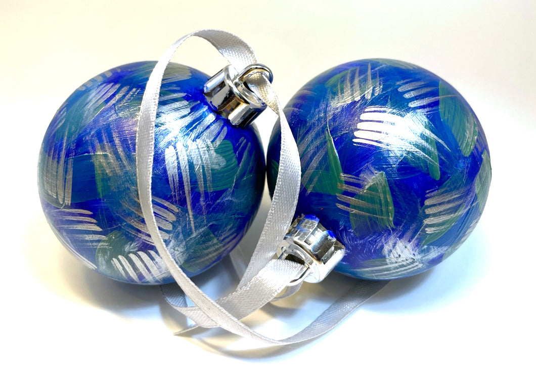 Set of 2 Hand Painted Christmas Baubles - Blue, Turquoise, Teal and Silver