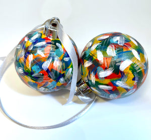 Set of 2 Hand Painted Christmas Baubles - Red, Orange, Blue, Yellow, Turquoise, White