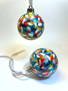 Set of 2 Hand Painted Christmas Baubles - Red, Orange, Blue, Yellow, Turquoise, White