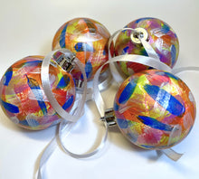Set 4 Hand Painted Christmas Baubles - Yellow, Orange, Pink, Blue, White and Silver