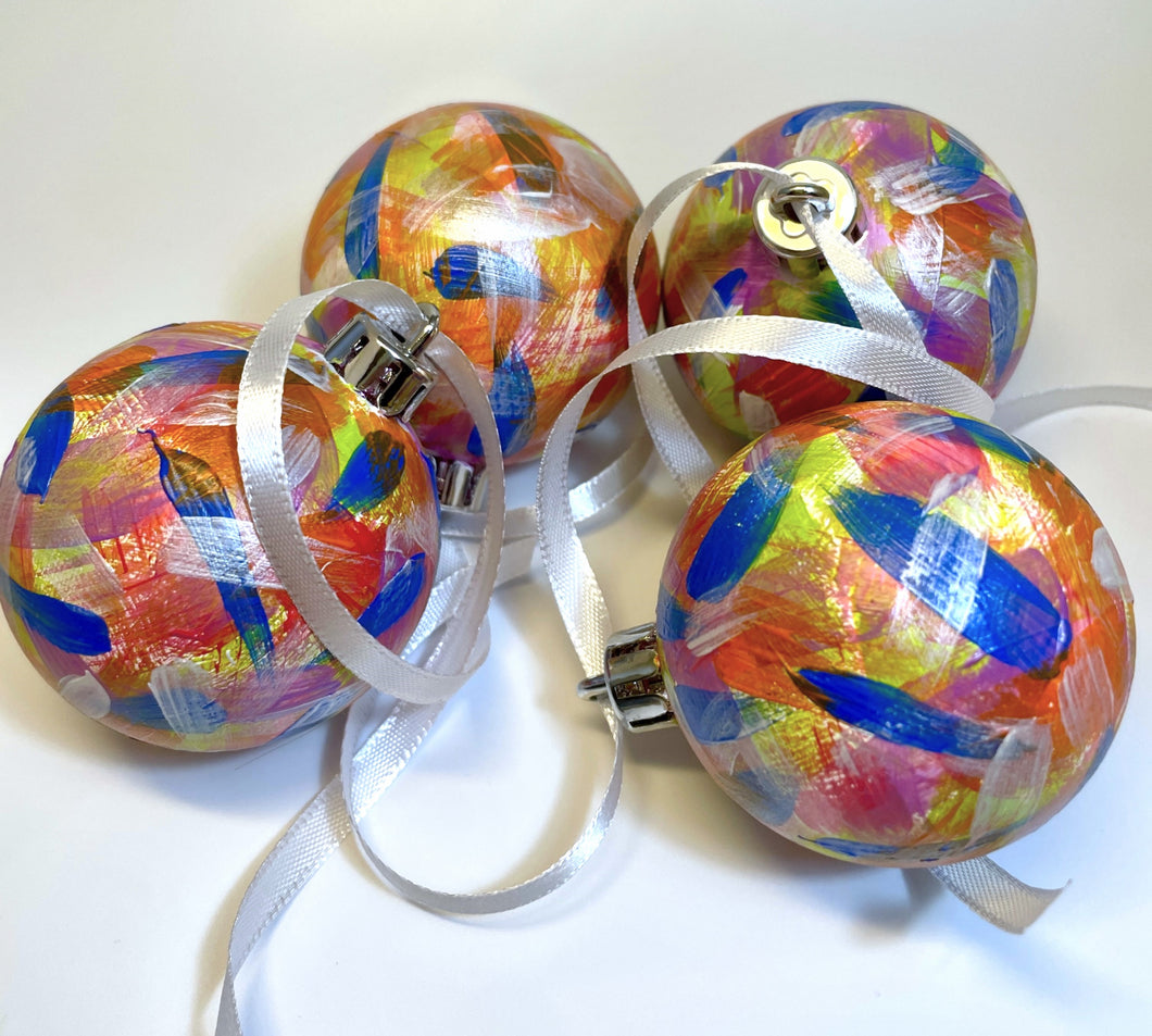 Set 4 Hand Painted Christmas Baubles - Yellow, Orange, Pink, Blue, White and Silver