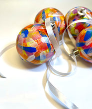 Set 4 Hand Painted Christmas Baubles - Yellow, Orange, Pink, Blue, White and Silver