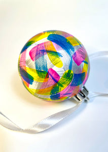 Hand Painted Christmas Bauble - White, Neon Pink, Blue, Yellow and Silver